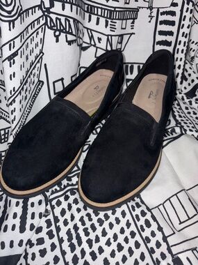 Clarks Black Suede Slip-On Loafers with Tan Welt